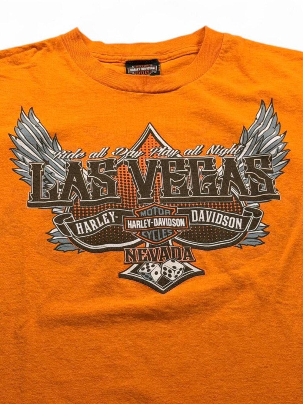 Y2K Harley Davidson Las Vegas Casino Dice Orange Biker Dealer Tee Medium